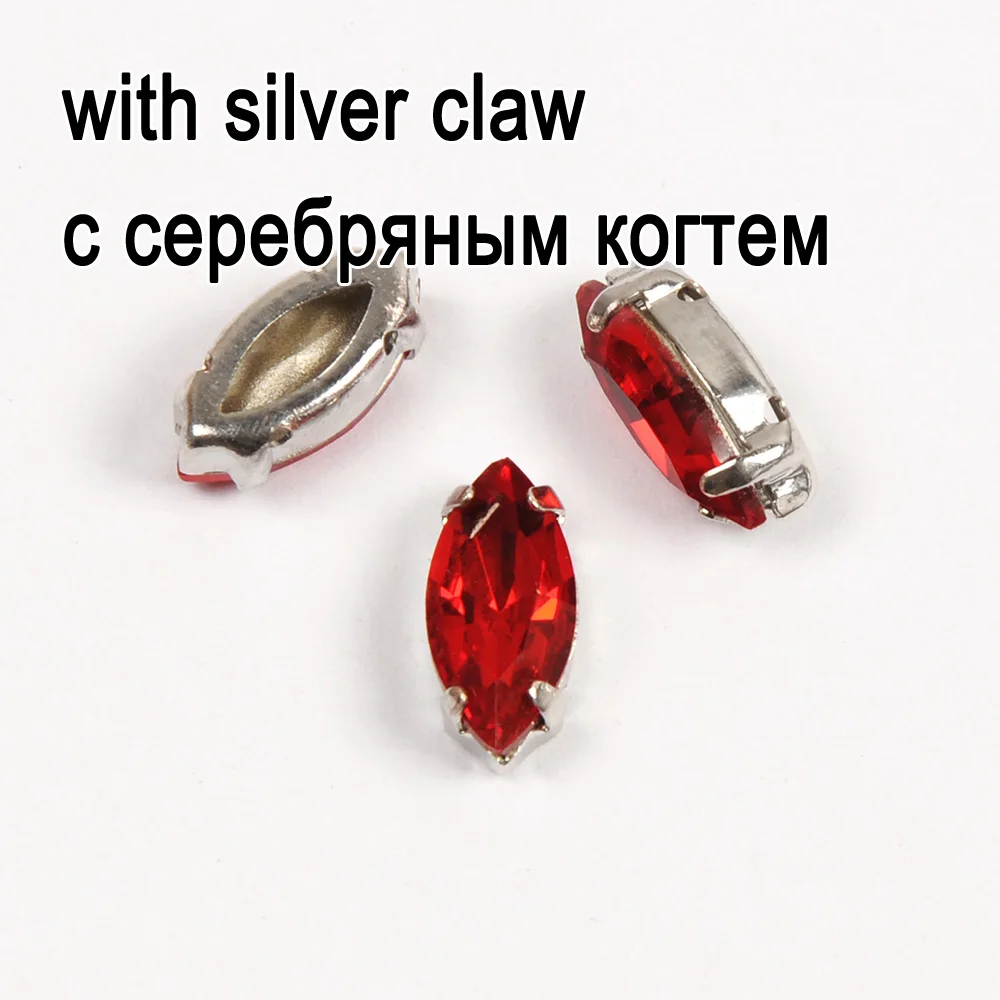 crystal with silver Светлый Сиам Наветт страз с серебряным золотом Настройки Когти 4 отверстия Стразы маркиза пришить горный хрусталь декоративные камни - Цвет: crystal with silver