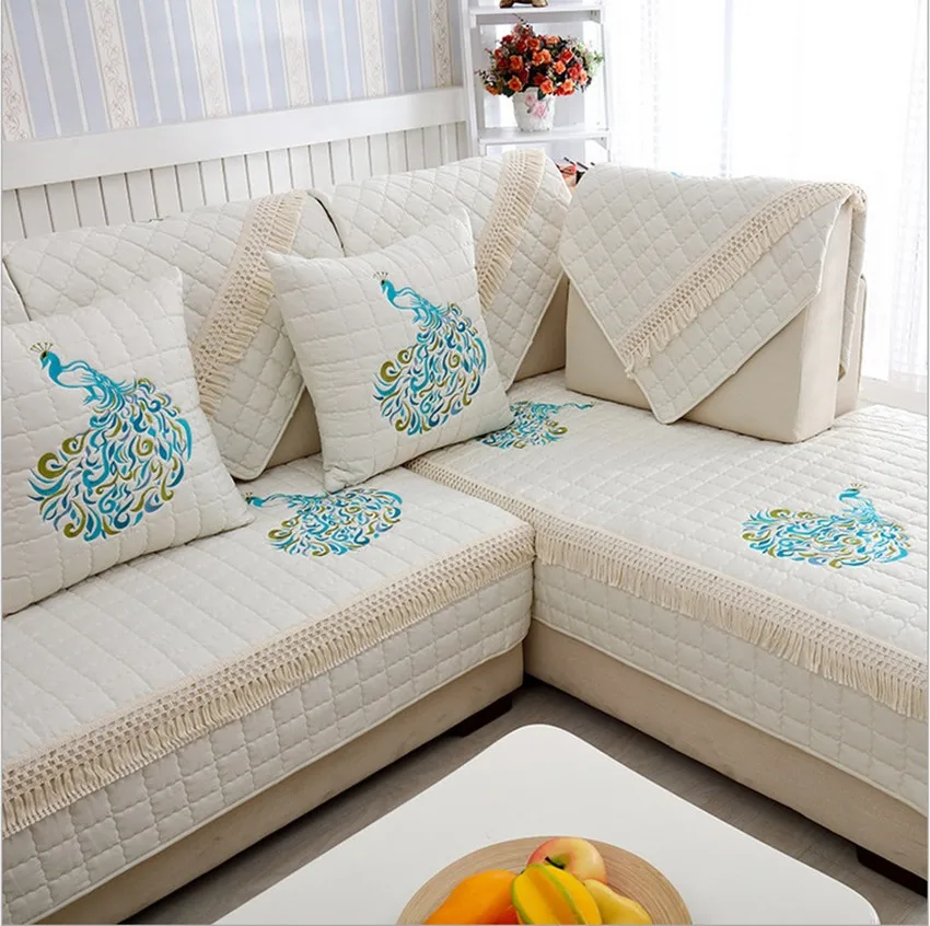 Бежево-белая Нескользящая хлопковая стеганая синяя вышивка павлин для гостиной