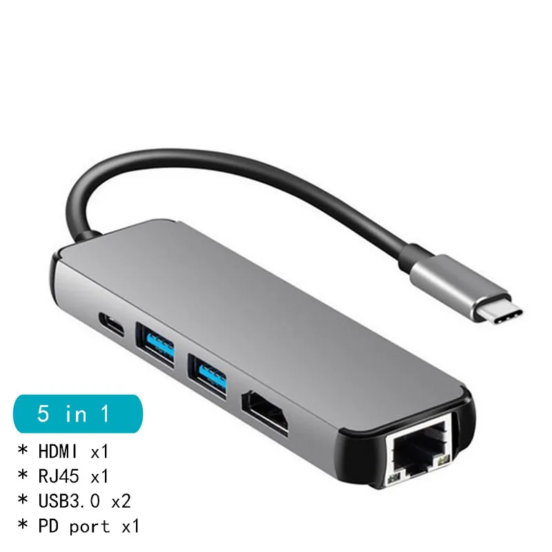 5 in 1 Gray Док-станция с разъемом типа C HDMI VGA USB3.0 power Delivery Hub для ноутбука Macbook Pro hp DELL Surface lenovo samsung s8/s9 - Цвет: 5 in 1 Gray