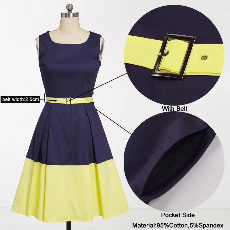 Tonval Navy Blue and Yellow Color-block Vintage Retro Dress Women Belted Slim Fit Pocket Office Ladies Pleated Cotton Dresses | Женская
