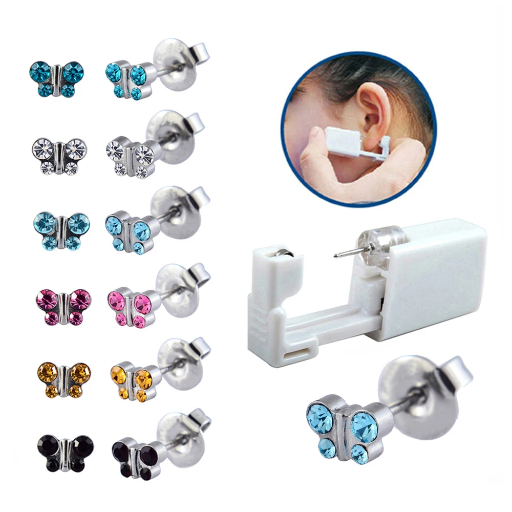 6pieces Assoretd Butterfly Crystal Disposable Ear Piercing Units Stud Earring Gun Tools Kit Body Piercing Jewelry