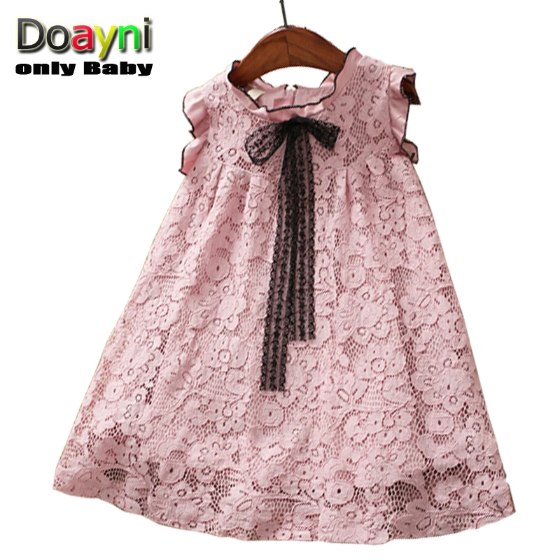 Doayni Baby Preppy Style Girls Vest Dress Big Bow with Short Petal Sleeve Children Princess A-line Pink White Gray | Детская одежда и