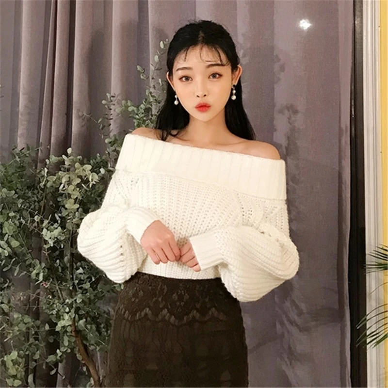 HziriP 2018 Korea Chic Autumn Winter New Women Sweater Long Sleeve Sexy Off Shoulder Pullover Loose Solid Female Elegant Tops | Женская