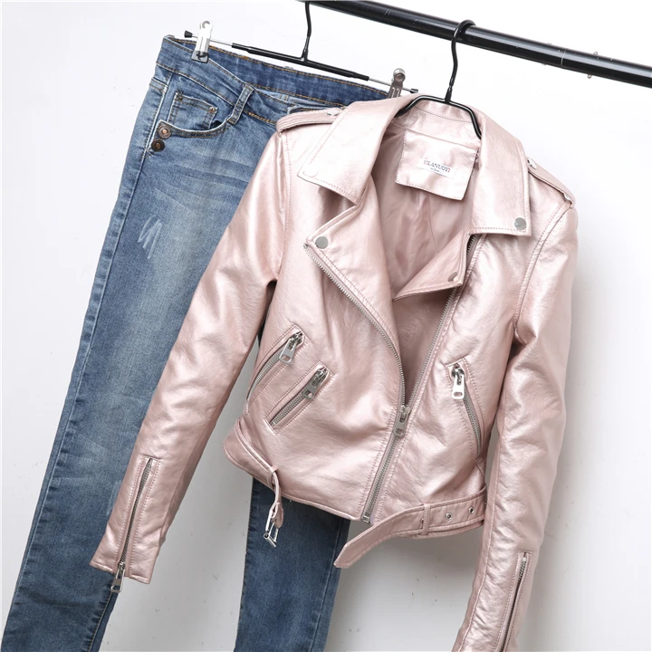 

Golden silver color Short pu leather jacket 2018 spring women's new long-sleeved bright fabric motorcycle leather jacket wj1903