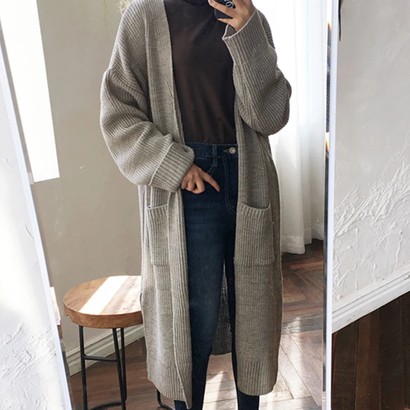 Lady's Sweater Happymulti Casual Knit Pockets Solid Color Spring Autumn Harajuku Long Cardigan Loose Women's sweater |