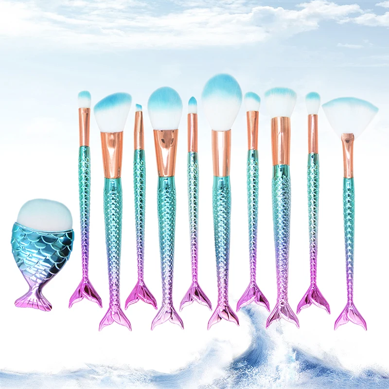 

10/11pcs Mermaid Makeup Brushes Foundation Eyeliner Concealer Brushes Fish Tail Cosmetic brochas maquillaje Make up Brushes