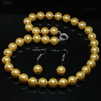 free shipping 12mm round yellow simulated pearl shell beads earrings necklace new fashion weddings gifts jewelry set 18inchb2320