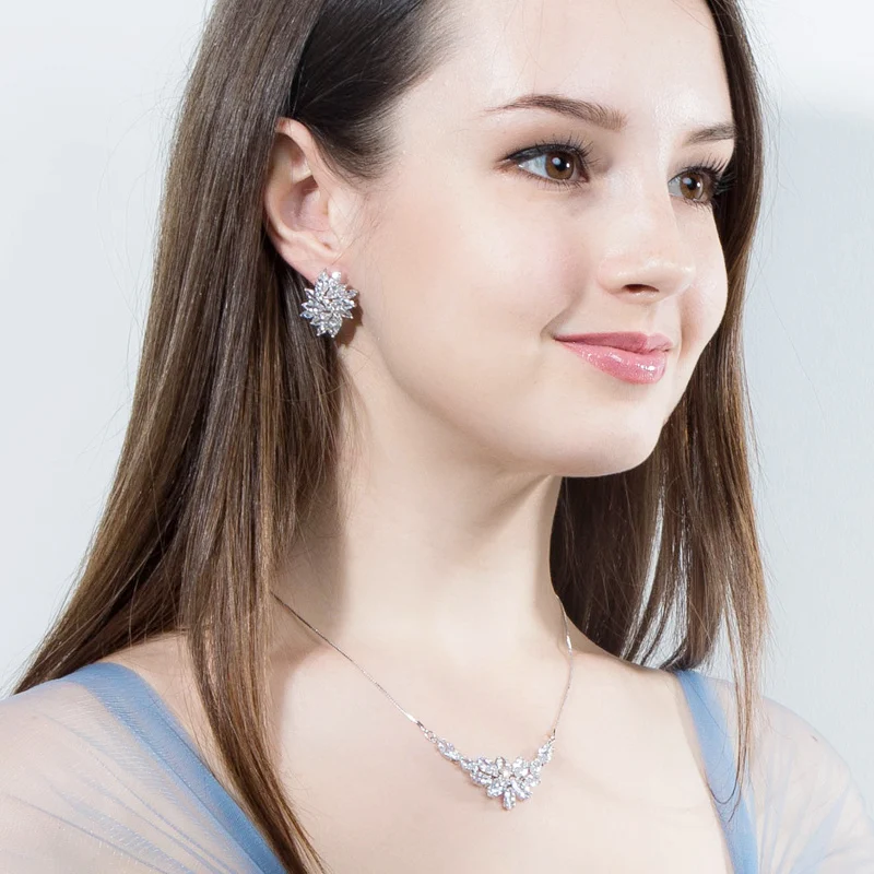 CWWZircons Marquise Cut Цветок Прозрачный белый кубический цирконий модное ожерелье с кристаллами и серьги Ювелирные наборы для женщин T025