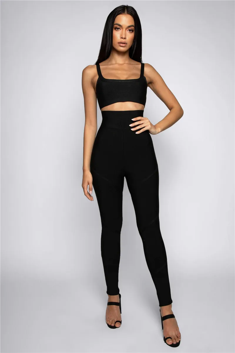 

Fashion Top Quality Black Sleeveless Short Tops Full Pants 2 Pieces Sexy Bodycon Bandage Women's Sets