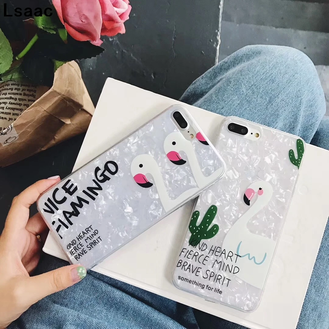 Мультяшная ракушка чехол для iPhone X 6 S 7 8 Plus модная задняя крышка Фламинго лист