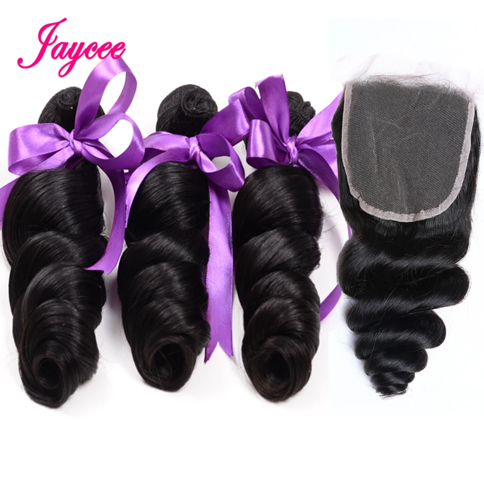 Jaycee свободные волнистые пучки с закрытием 3 пучка бразильских волос плетение 4 шт