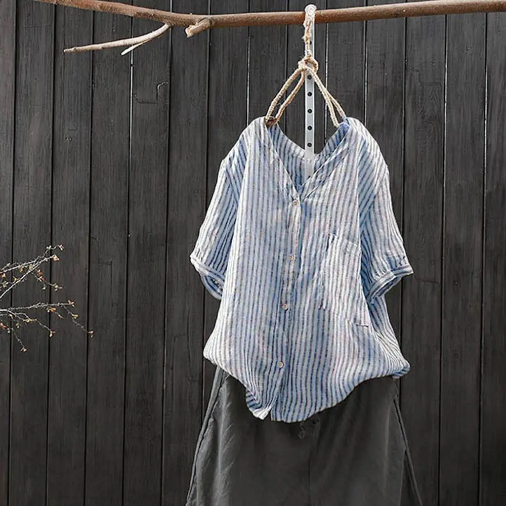 

Blouse Women Summer Short Sleeve Plus Size Tunic Blouses Striped Cotton Linen Pullover Shirt Chemisier Femme Drop shipping c