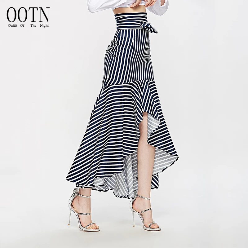 OOTN Boho рюшами Асимметричный длинная юбка Для женщин осенью синий полосатый