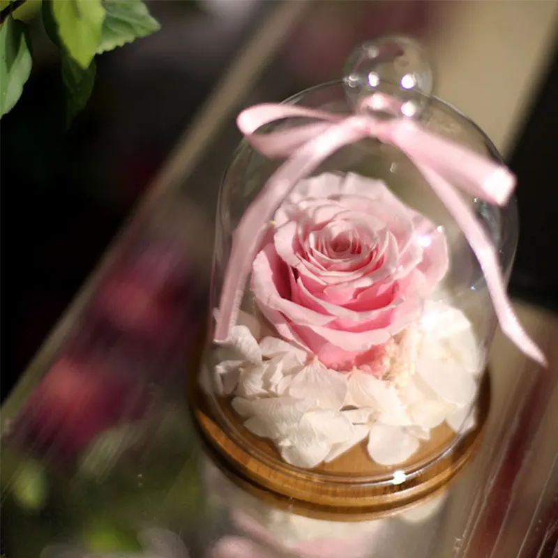 Стеклянный дисплей колокольчик фотолампа неувядающее хранилище с деревянной