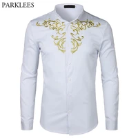 gold flower embroidery shirt men long sleeve chemise homme new solid color white dress shirts mens slim fit wedding camisa