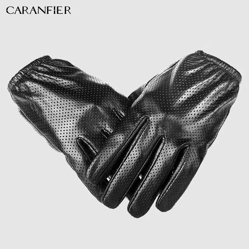 CARANFIER, перчатки из натуральной кожи, мужские зимние перчатки из овчины с сенсорным экраном, мужские перчатки из дышащей сетки для вождения автомобиля, короткие тонкие мужские перчатки - Цвет: Черный
