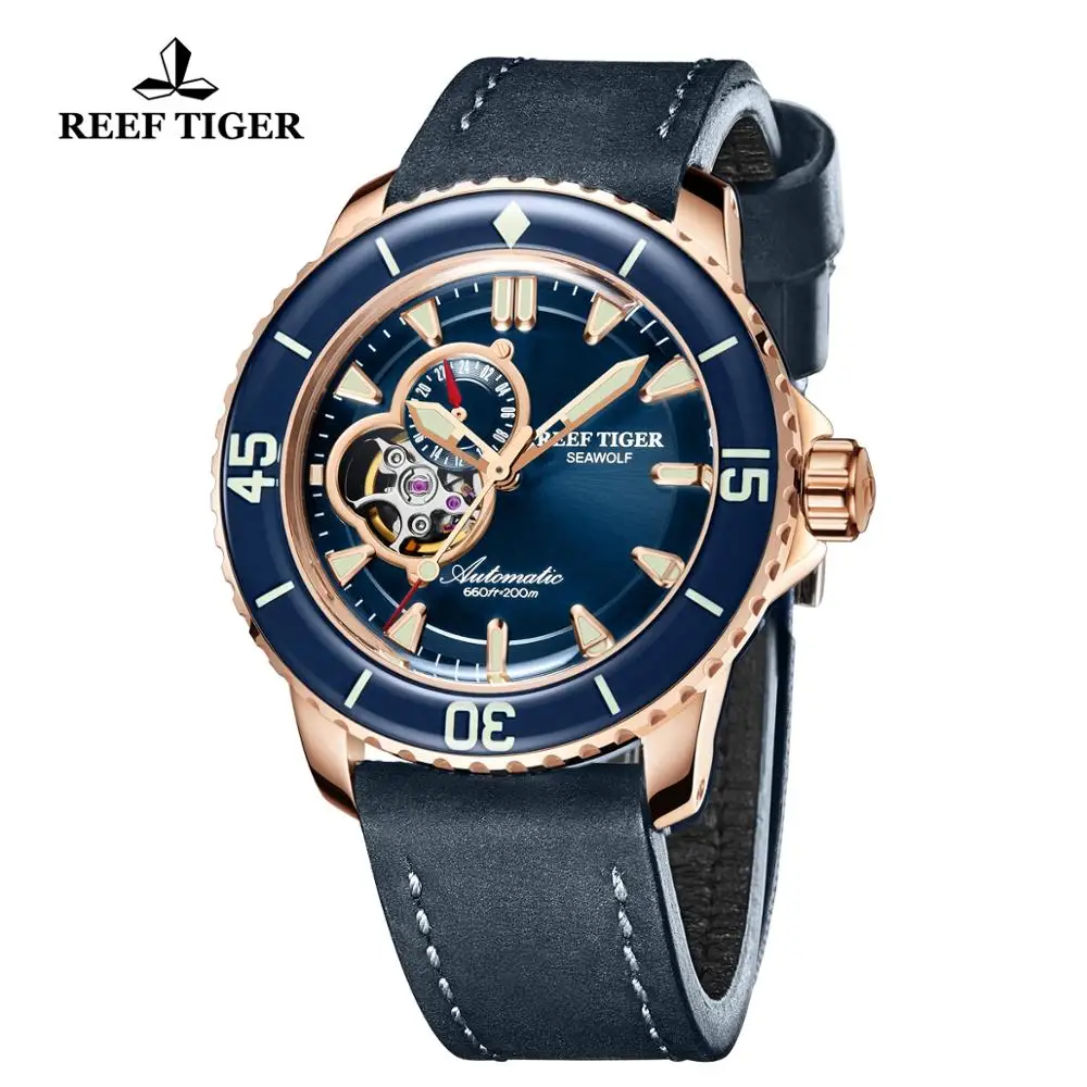 Reef Tiger брендовые работающие под водой часы мужские розовое золото синий циферблат Супер Светящиеся аналоговые автоматические часы reloj hombre подарок мужские RGA3035