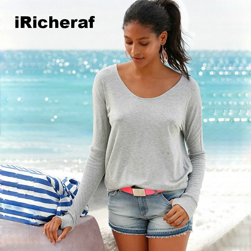 IRicheraf 2017 новая мода открытая спина футболка с длинным рукавом женский топ серая