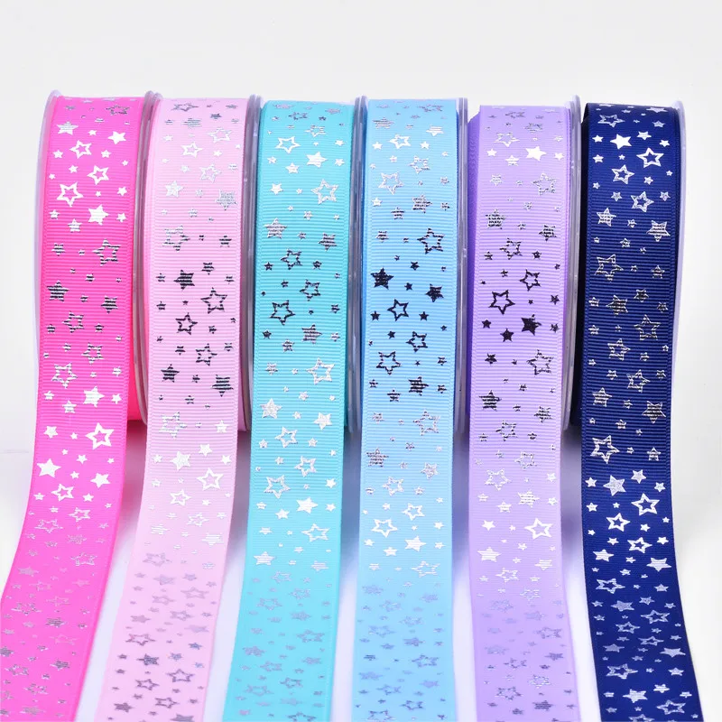

1" 25mm 10 yards glitter silver foil the stars printed grosgrain ribbon gift packaging DIY handmade Party Wedding materials