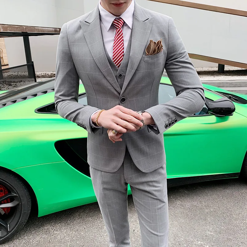 (Пиджак + жилет брюки) мужской новый весенне летний тонкий костюм клетчатый