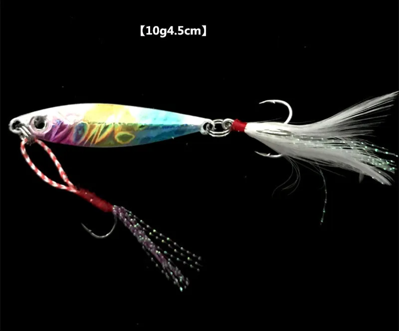 10g Colorful Silver Рыболовные маленькие Джиги, приманка с двойными крючками, Shore Shot, медленная встряхивание, 10-60 г, джигбейты, искусственные металлические приманки с тройными крючками с перьями - Цвет: 10g Colorful Silver