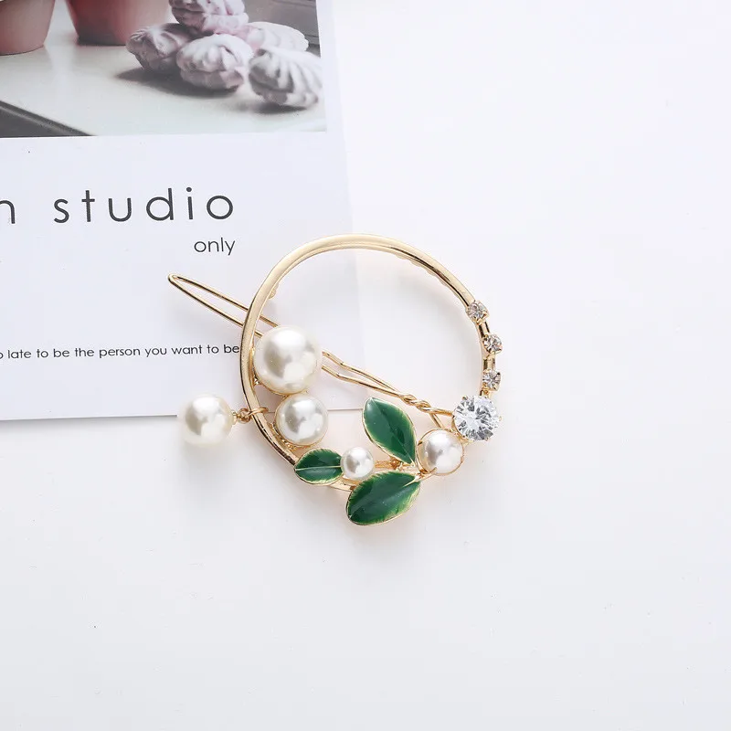 Заколки для волос с золотым/зеленым листом и жемчугом металлические круглые