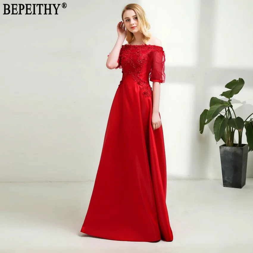 BEPEITHY, vestido de festa, сексуальный дизайн, вырез лодочкой, красное платье для выпускного вечера, половина рукава, Длинные вечерние платья - Цвет: Красный