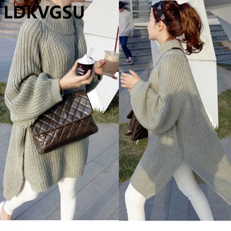 2018 Autumn Winter Turtleneck Batwing Sleeve Pullover Sweater Irregular Women Side Slit Leisure Loose Knit Dress Is969 | Женская одежда