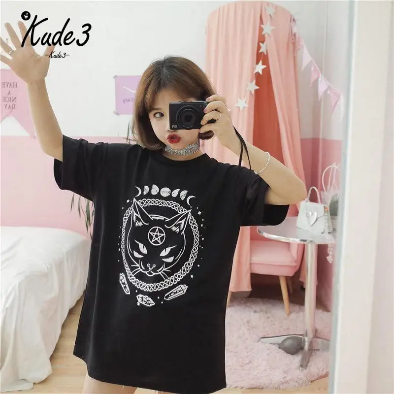 KUDE Готический Moon Phase колдовство кошка печатная Женская Harajuku футболка с коротким