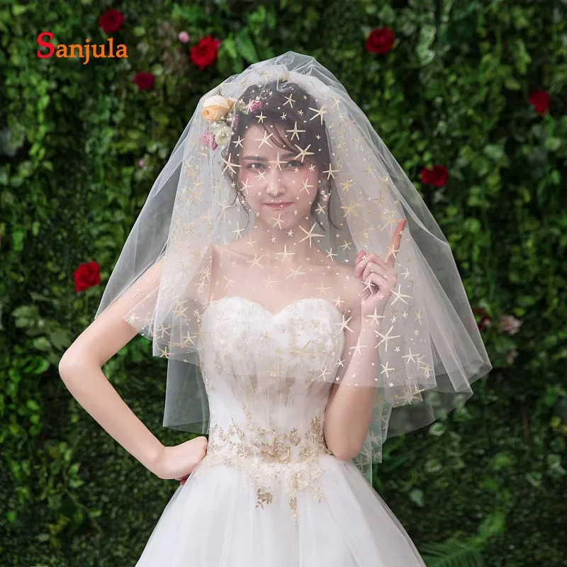 Four Layers Tulle Wedding Veil with Gold Sea Stars Shoulder Length Comb Bridal Accessories accesorios mujer V101 | Свадьбы и