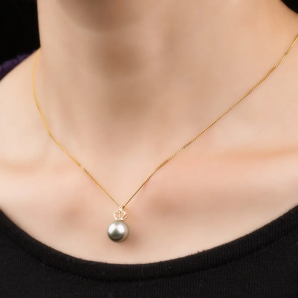 Free Shipping AAA 9-11mm Gray Real Tahitian Cultured Pearl Crown Pendant 14k Solid Yellow Gold #0209 | Украшения и аксессуары