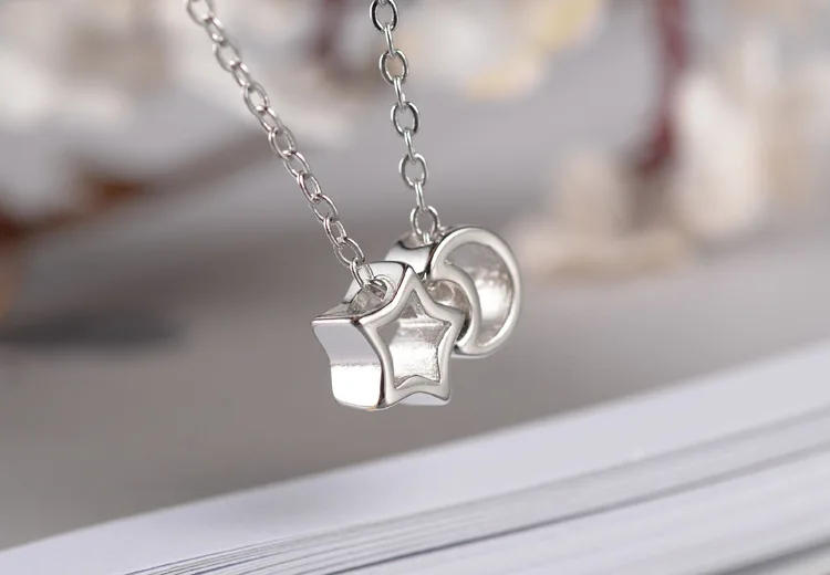 

Korea Fashion Silver Chain Necklaces 925 Sterling Silver Moon With Star Necklaces&Pendants Jewelry Collar Colar