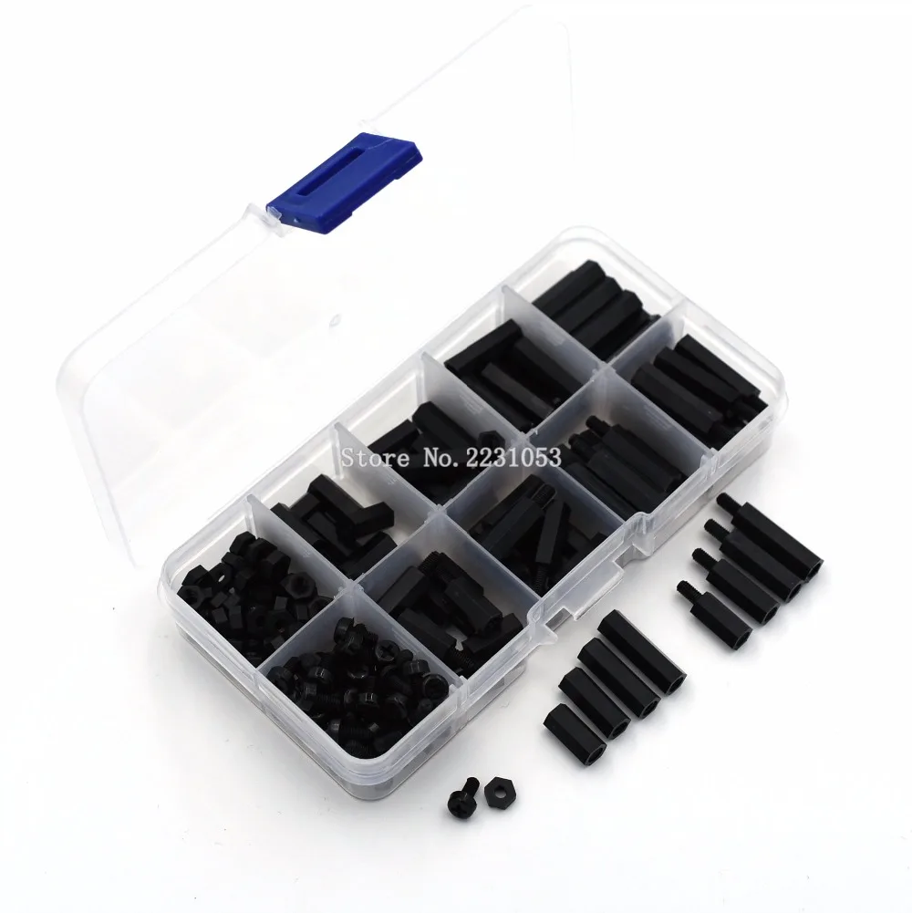 

200PCS M3 Nylon M-F Hex Spacers Screw Nut Male Female Screw Assortment Kit Black Stand off Set M3*12mm M3*15 M3*18 M3*20mm