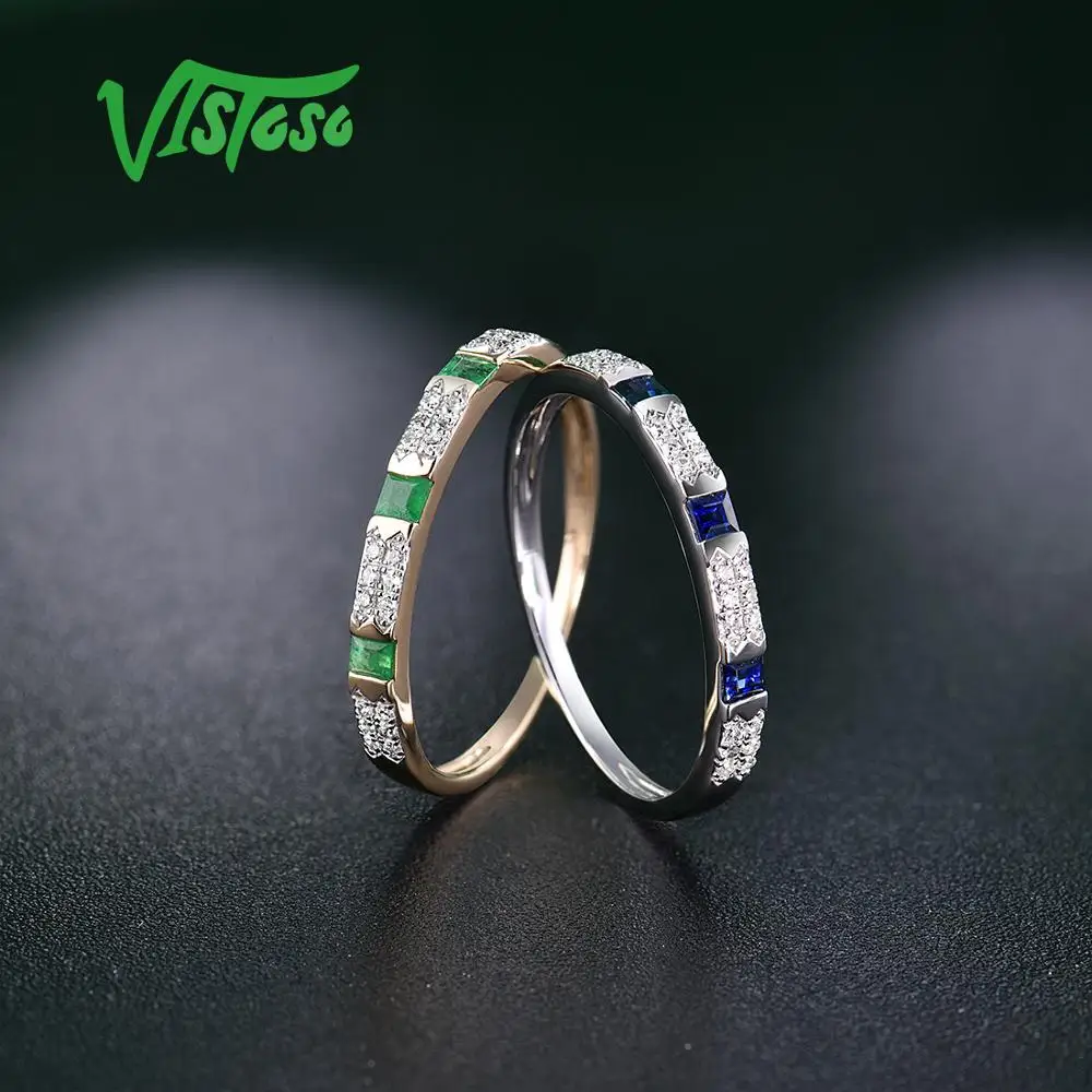 VISTOSO 14 K Y/W золотые кольца для женщин Подлинная блестящая Бриллиантовая необычная синяя сапфир/Изумрудное обручение юбилей шикарные ювелирные изделия
