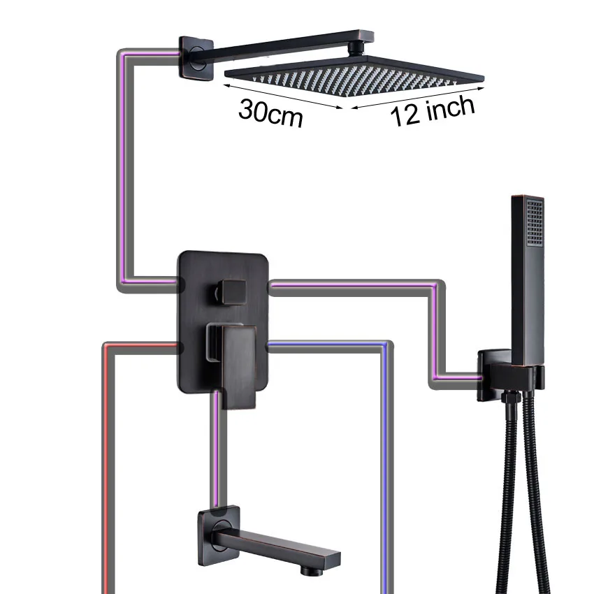 12 inch shower A Настенный 1" дождевой смеситель для душа с одной ручкой, скрытый смеситель для душа для ванны с ручным черным душевым краном, латунный носик - Цвет: 12 inch shower A