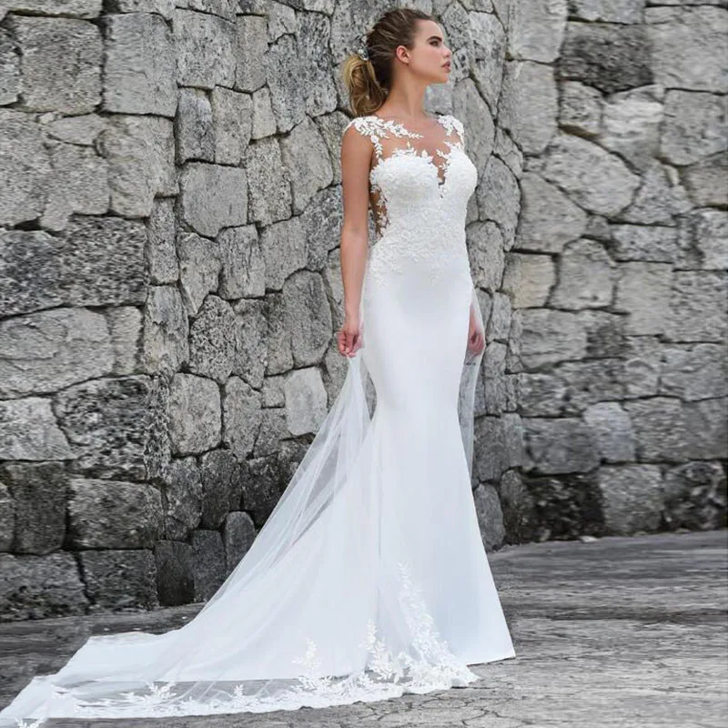 

Thinyfull 2019 Sexy Mermaid Sheer Illusion Back Lace Appliques Wedding Dress Bridal Gown vestido de noiva Custom Made