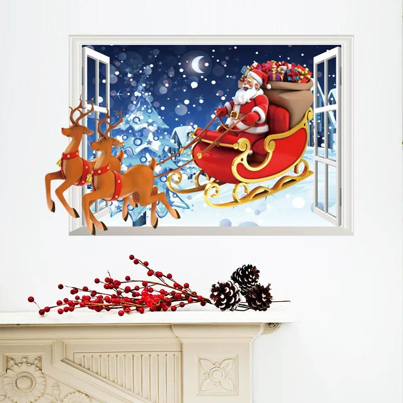 

Christmas Decoration Santa Claus Deer Carriage Snowman Wall Stickers for kids rooms decal 3d Effect Window Poster Mural