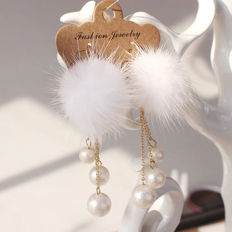 Free shipping Popular new products Hairball Plush Accessories Imitation pearls earrings for women long | Украшения и аксессуары