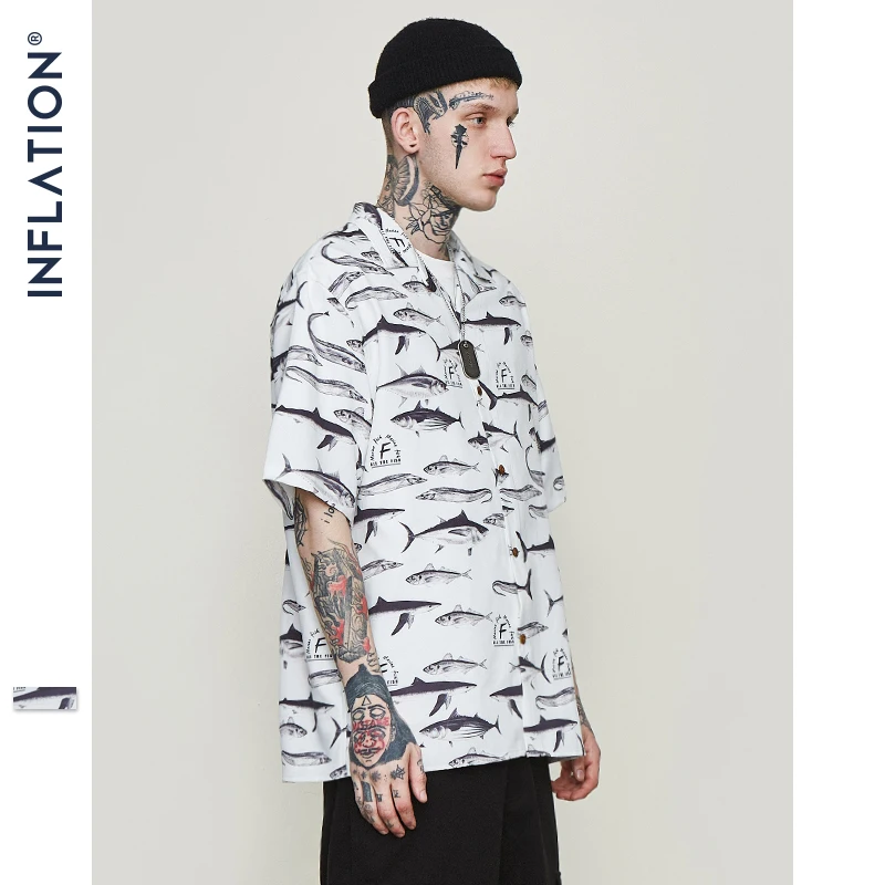 Мужская гавайская рубашка INFLATION Повседневная пляжная с принтом рыбы уличная