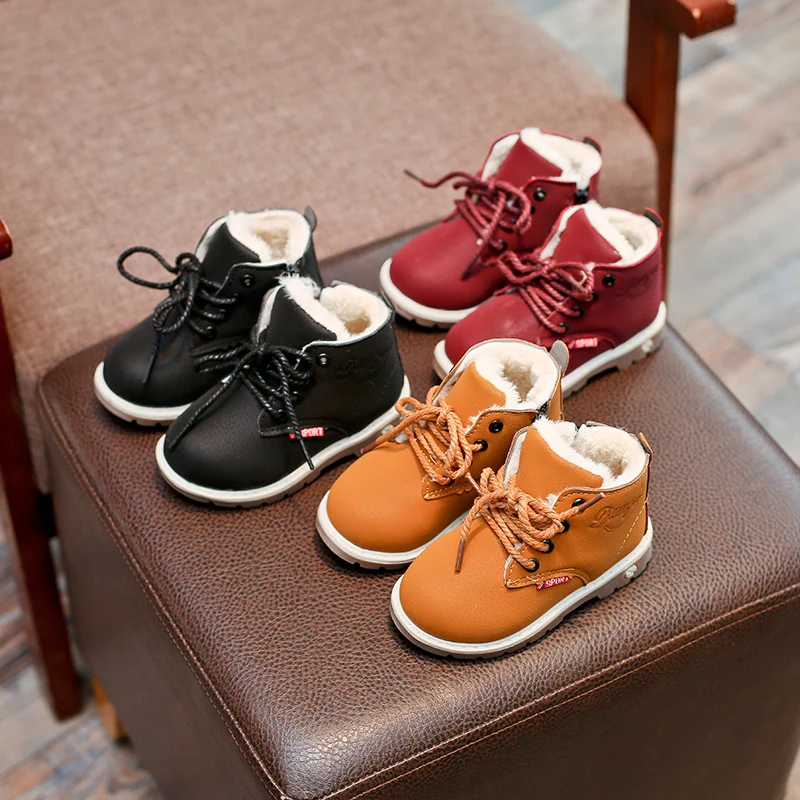 

2018 Children Boots Shoes Winter Plush Warm Martin Boys Shoes Fashion Leather Soft Fleece Antislip Girls Boots