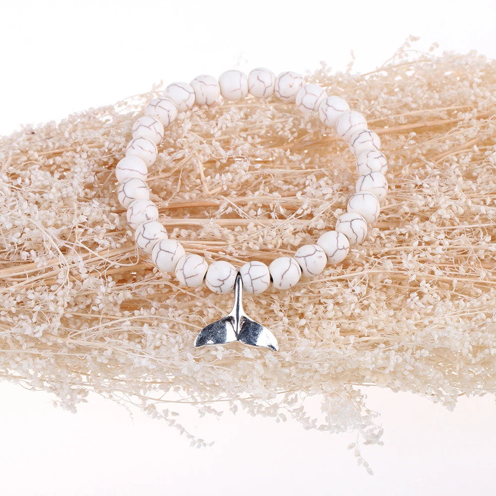 Натуральный белый Камни Браслеты круглый Бусины Silver-цвет рыбий хвост кулон Bohe
