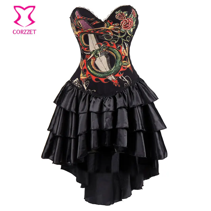 

Steampunk Corset Dress With Straps Vintage Corsets and Bustiers Gothic Print Black Cotton Butier Sexy Burlesque Dresses Outfits