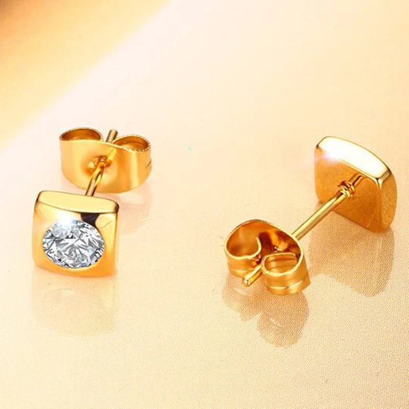 Shiny CZ Stone Stud Earrings for Women Wedding Gold-color Stainless Steel Geometric Party Gift Jewelry | Украшения и аксессуары