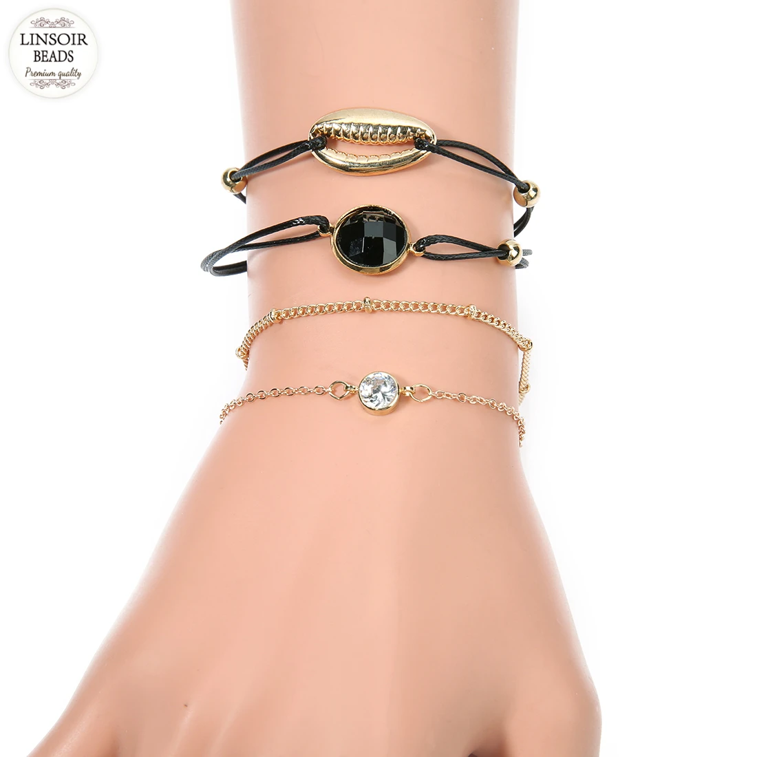 Женский кожаный браслет LINSOIR черный из сплава с цепочкой золотистого цвета 4