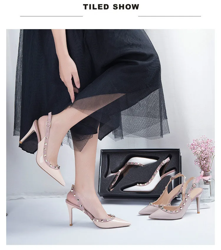 Hersevll Rivet High Heels Women's Sandals New Summer Large Size Thin Heel Sexy Top Single Shoe Pointed Toe Women's Sandals