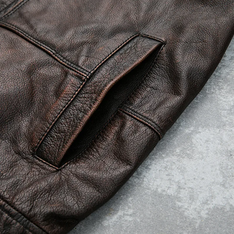 Мужская винтажная кожаная куртка Коричневая байкерская из натуральной воловьей
