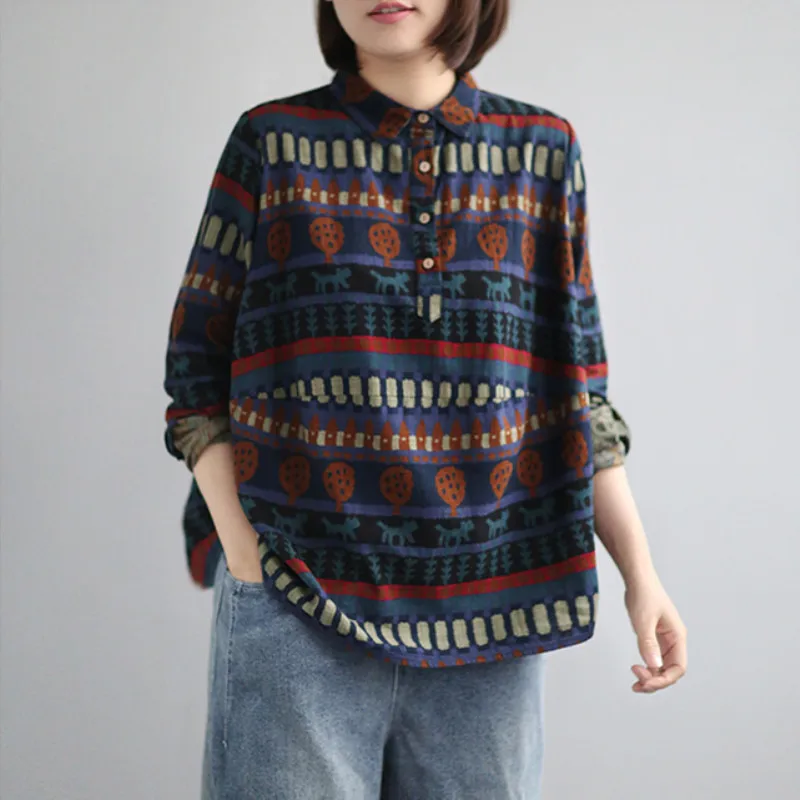 Johnature Cotton Linen Shirts Women Turn-down Collar Button Long Sleeve Print Floral Blouses Loose 2019 Spring New Casual |