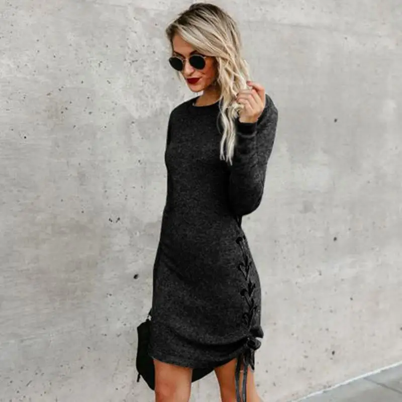 2018 г. осенние модные женские туфли мини-платье из хлопка с длинным рукавом по