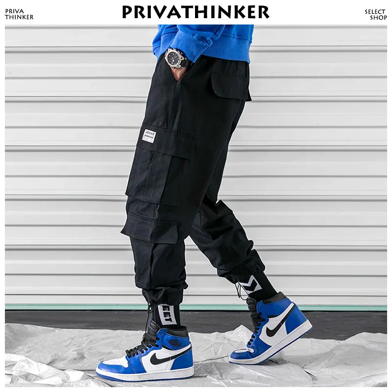 Брюки карго Privathinker черные с карманами для мужчин 2020 Японская уличная