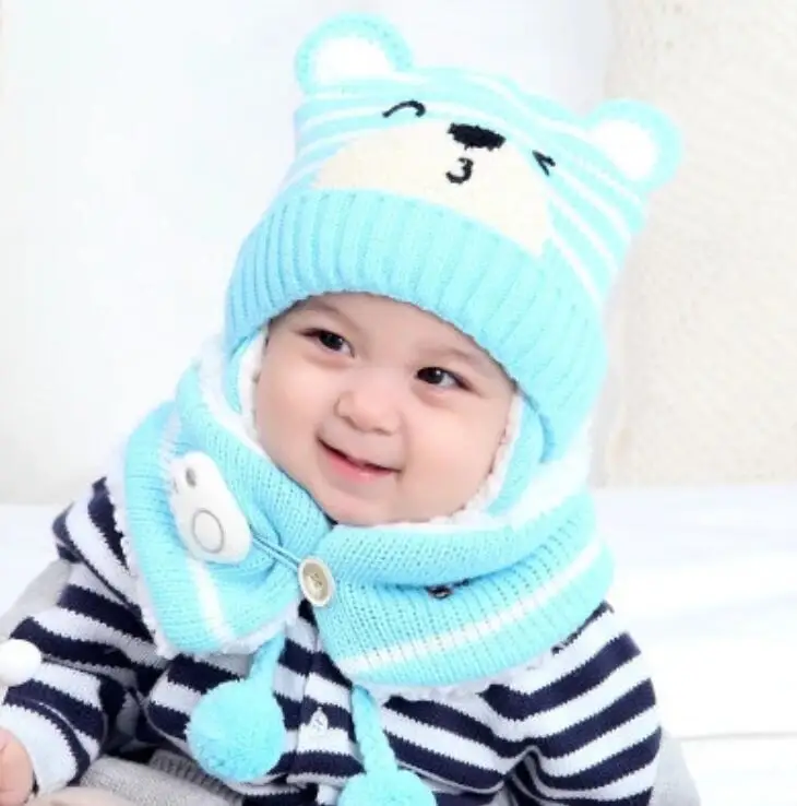 Winter Kids baby boy girls warm cartoon bear Knitted hats with hair ball earbud+neck scarf 2 pcs set for 0-2 years toddler | Детская